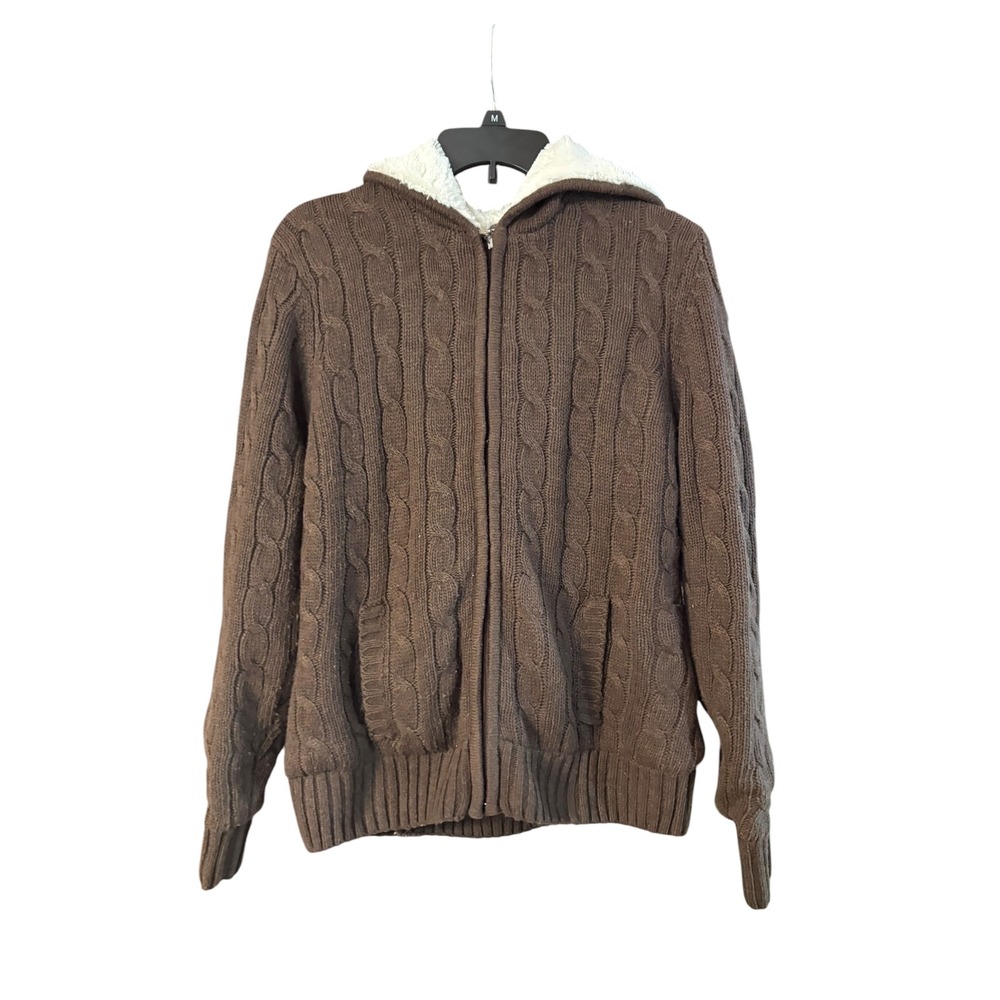 Green Tea Brown Cable Knit Faux Fur Lined Full Zip Hoodie Sweater Womens XL